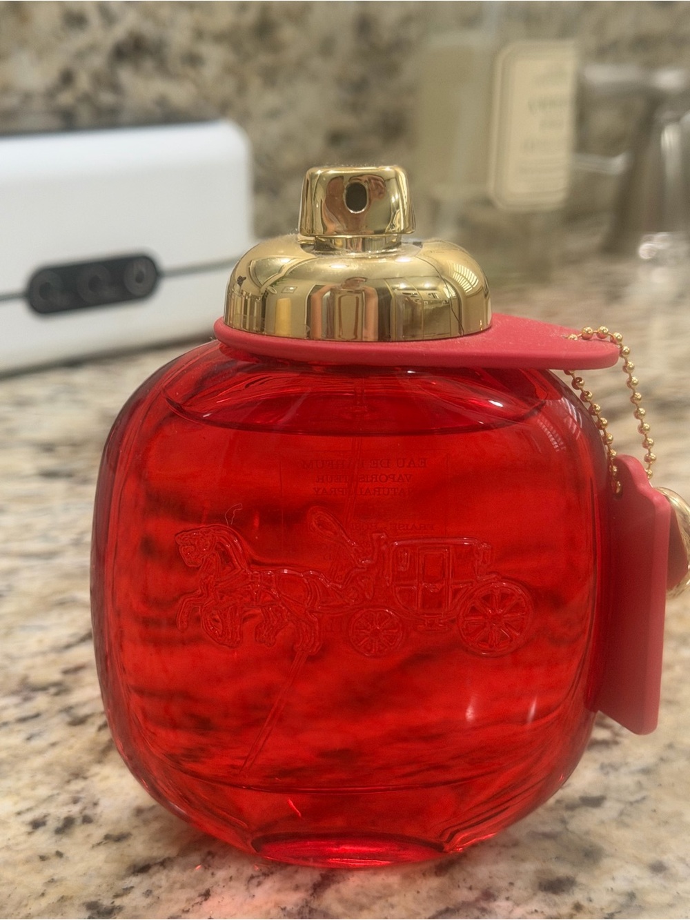 Coach Red Glass Fragrance Bottle with Gold Accents